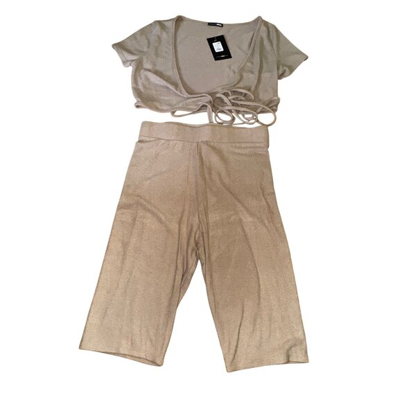 All Tied Up Biker Capri Short Set Mocha Large Fashion Nova Sexy Stretch Wrap Top - Picture 4 of 11